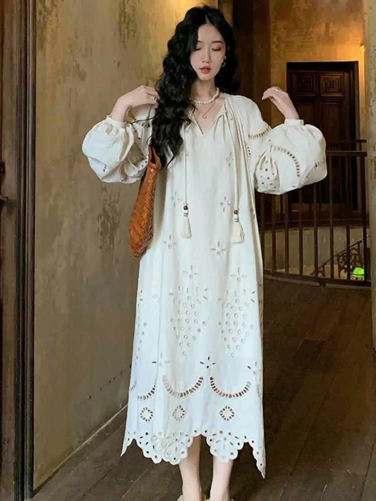 2024 Korean Style Vintage Long Sleeve V-Neck Boho Hollow Out Maxi Dress