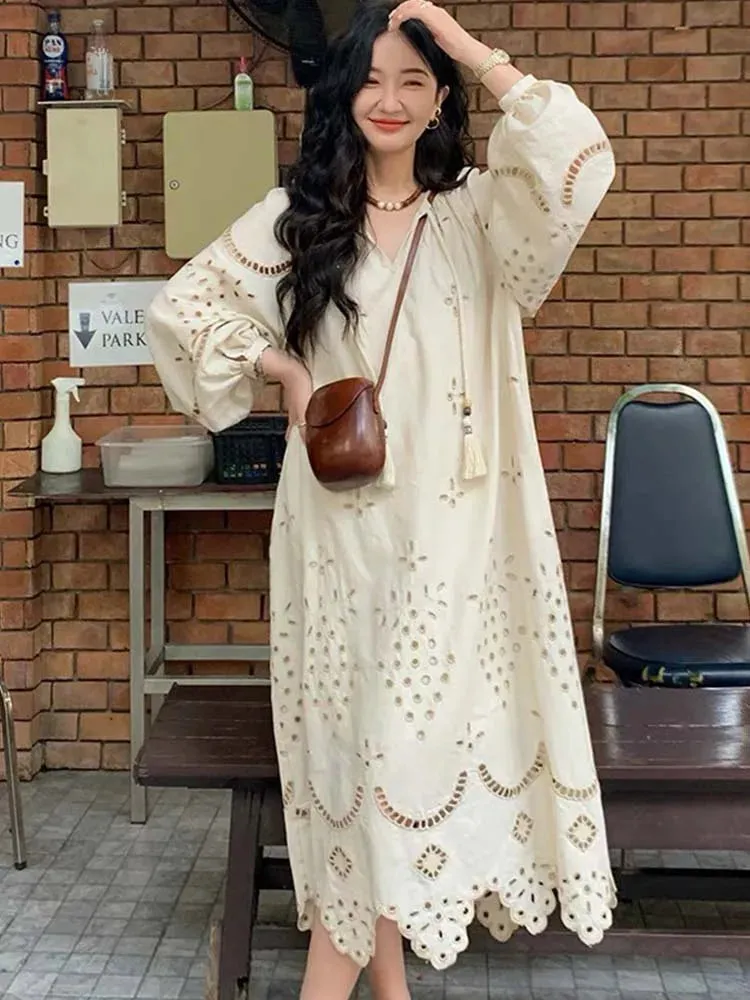 2024 Korean Style Vintage Long Sleeve V-Neck Boho Hollow Out Maxi Dress