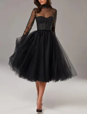 A-Line Cocktail Black Dress Vintage Dress Homecoming Cocktail Party Knee Length Long Sleeve High Neck Wednesday Addams Family Tulle with Pleats Pure Color