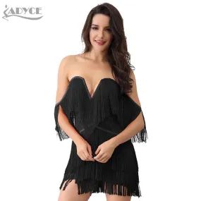 ADYCE Elegant V Neck Off Shoulder Sexy Fringe Short Sleeve Tassel Bandage Party Dress - H3048