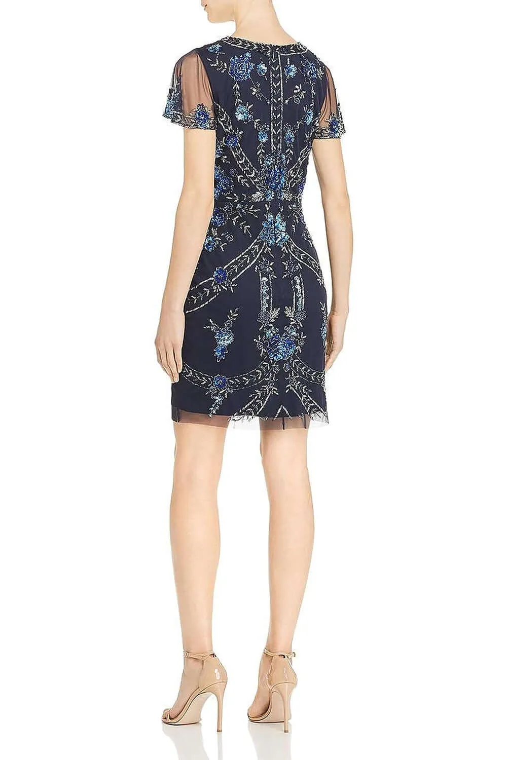 Aidan Mattox V-Neck Short Sleeve Embellished Zipper Back Mesh Dress