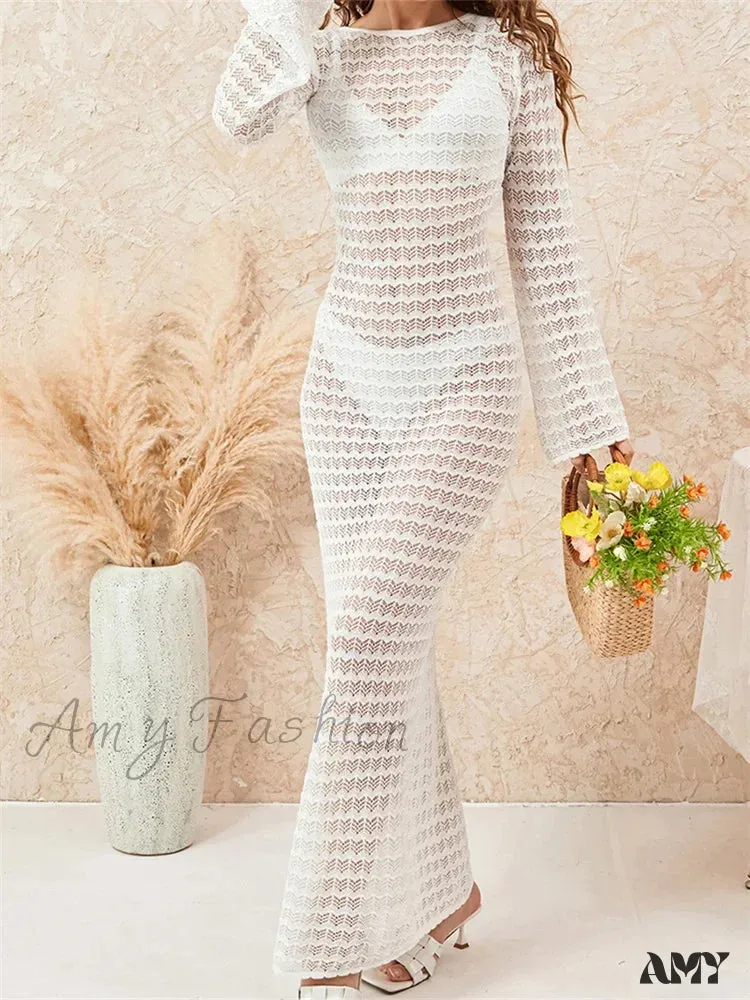 Amy Fashion - Women Crochet Knitted  Casual  Sleeve Round Neck Backless Tie-up Solid Hollow Out Beach Vestidos