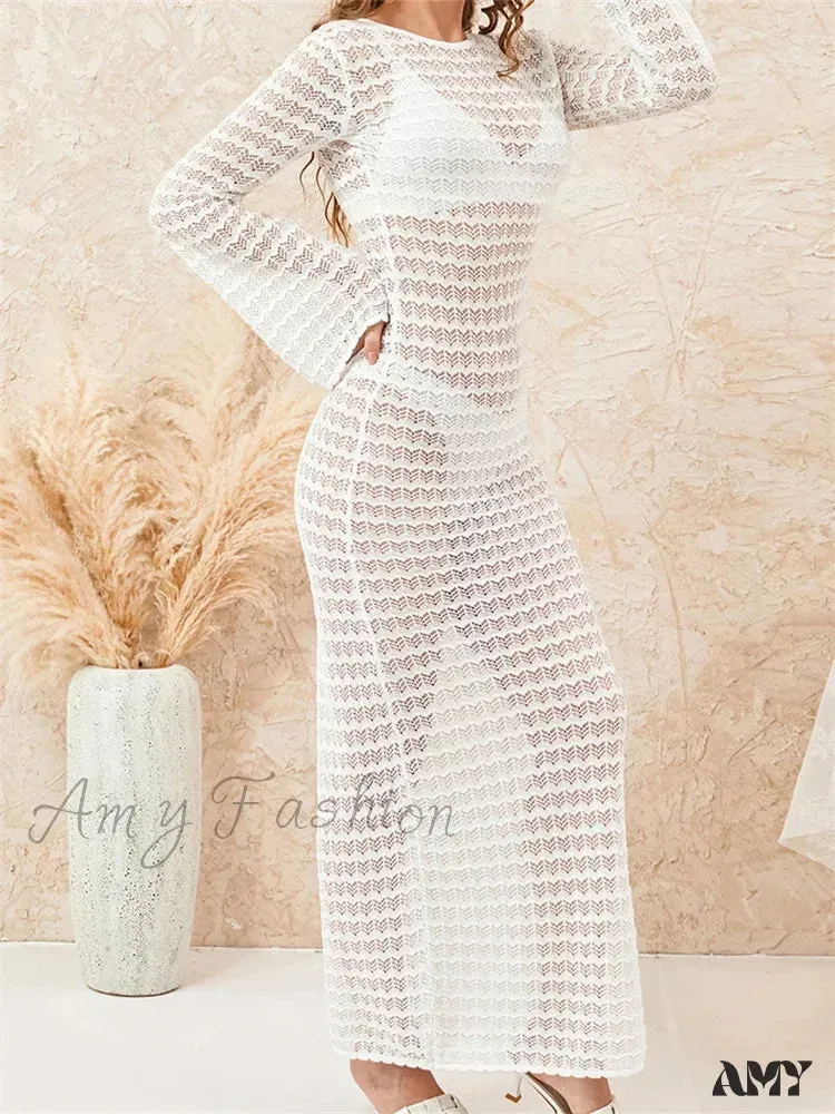 Amy Fashion - Women Crochet Knitted  Casual  Sleeve Round Neck Backless Tie-up Solid Hollow Out Beach Vestidos