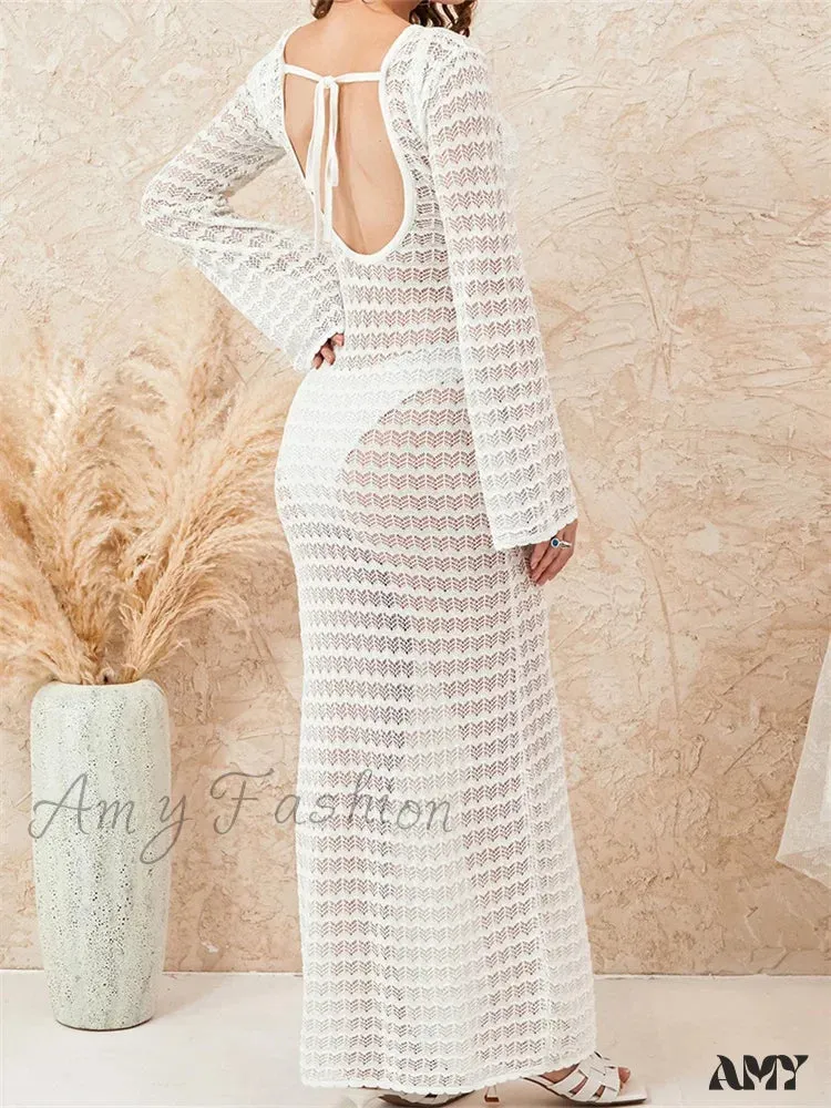 Amy Fashion - Women Crochet Knitted  Casual  Sleeve Round Neck Backless Tie-up Solid Hollow Out Beach Vestidos