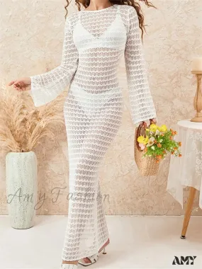 Amy Fashion - Women Crochet Knitted  Casual  Sleeve Round Neck Backless Tie-up Solid Hollow Out Beach Vestidos