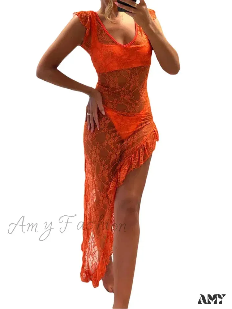 Amy Fashion - Women Lace Floral  Sleeveless Deep V-neck See-through Asymmetrical Mesh See Through Slim Fit Vestidos