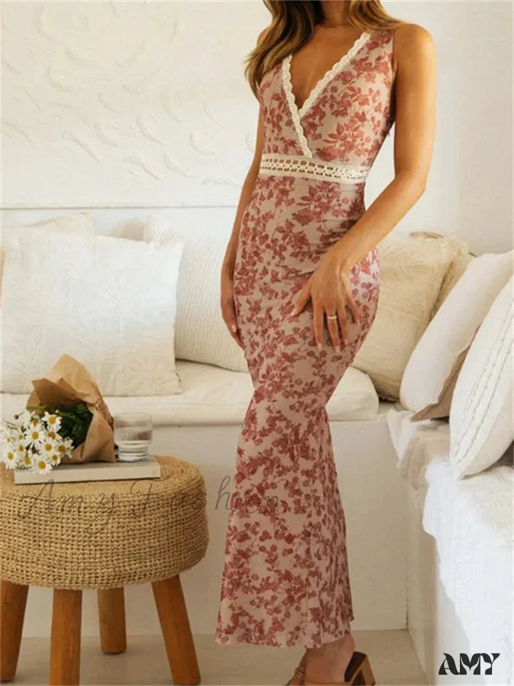 Amy Fashion - Women Sleeveless Lace Trim Tank Summer Floral Print Party for Cocktail Beach Club Vestido Streetwear