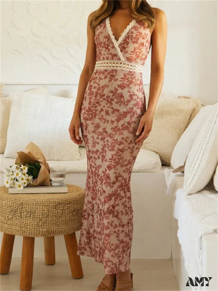 Amy Fashion - Women Sleeveless Lace Trim Tank Summer Floral Print Party for Cocktail Beach Club Vestido Streetwear