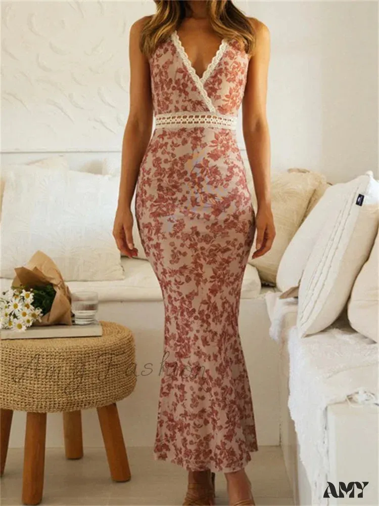 Amy Fashion - Women Sleeveless Lace Trim Tank Summer Floral Print Party for Cocktail Beach Club Vestido Streetwear