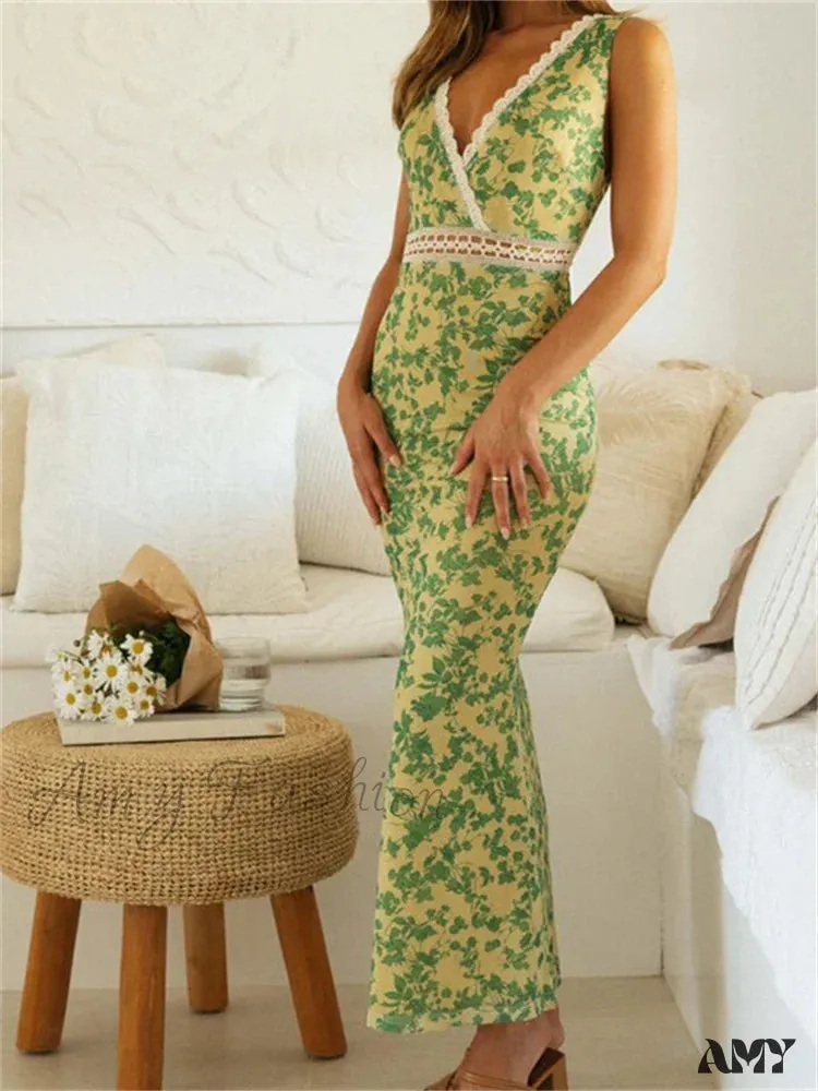 Amy Fashion - Women Sleeveless Lace Trim Tank Summer Floral Print Party for Cocktail Beach Club Vestido Streetwear