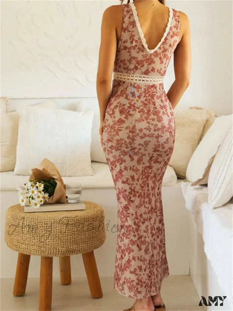 Amy Fashion - Women Sleeveless Lace Trim Tank Summer Floral Print Party for Cocktail Beach Club Vestido Streetwear