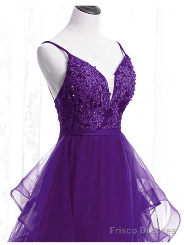 Beautiful Purple Tulle Layers With Lace Long Evening Dresses, Purple Prom Dress Party Dresses