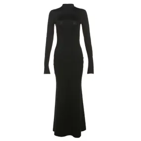 BerryBetty - Backless high neck long sleeve solid maxi dress