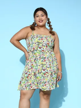 Berrylush Women Plus Size White & Multicolour Floral Printed Square Neck Sleeveless Cotton Fit & Flare Mini Dress