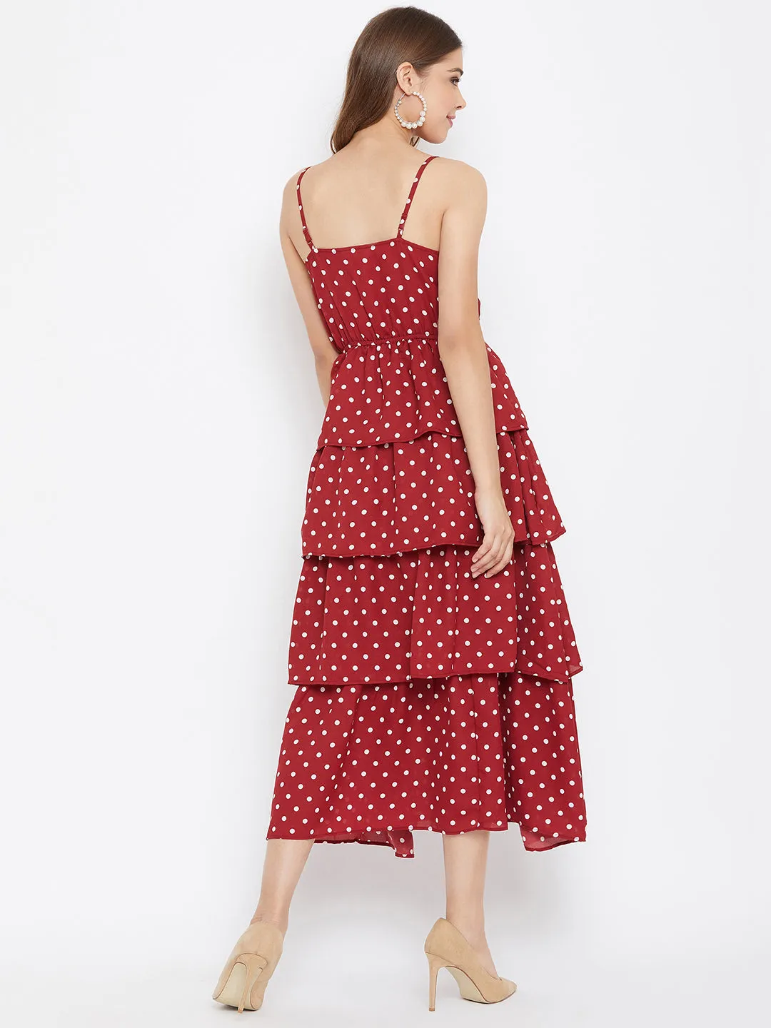 Berrylush Women Red Polka Dot Printed V-Neck Tiered Fit & Flare Midi Dress