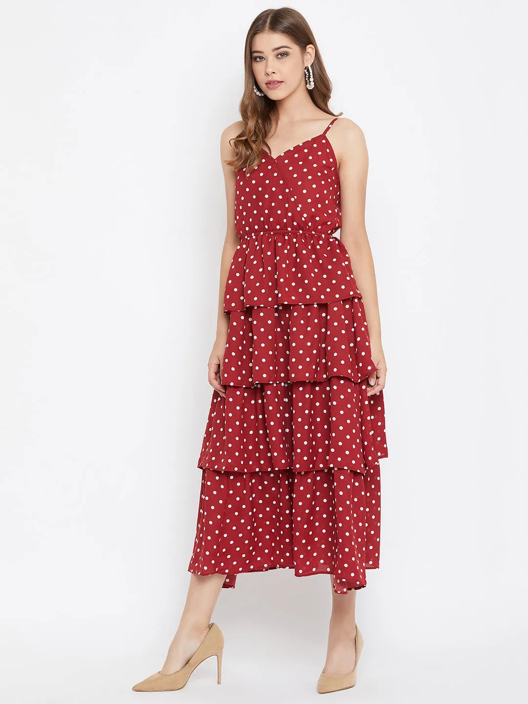 Berrylush Women Red Polka Dot Printed V-Neck Tiered Fit & Flare Midi Dress