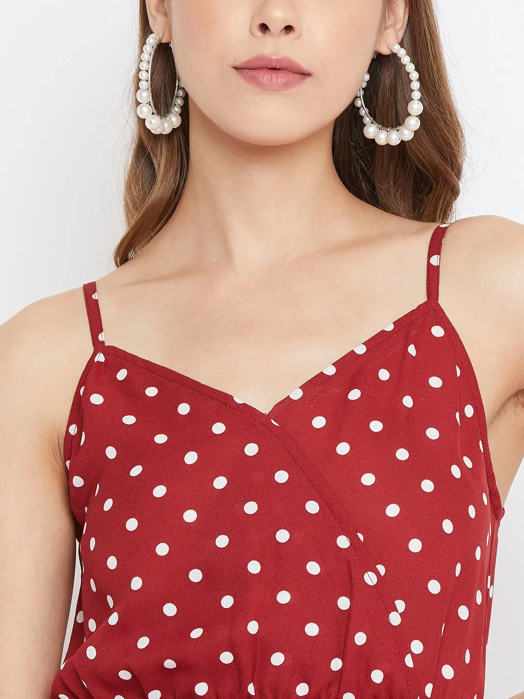 Berrylush Women Red Polka Dot Printed V-Neck Tiered Fit & Flare Midi Dress