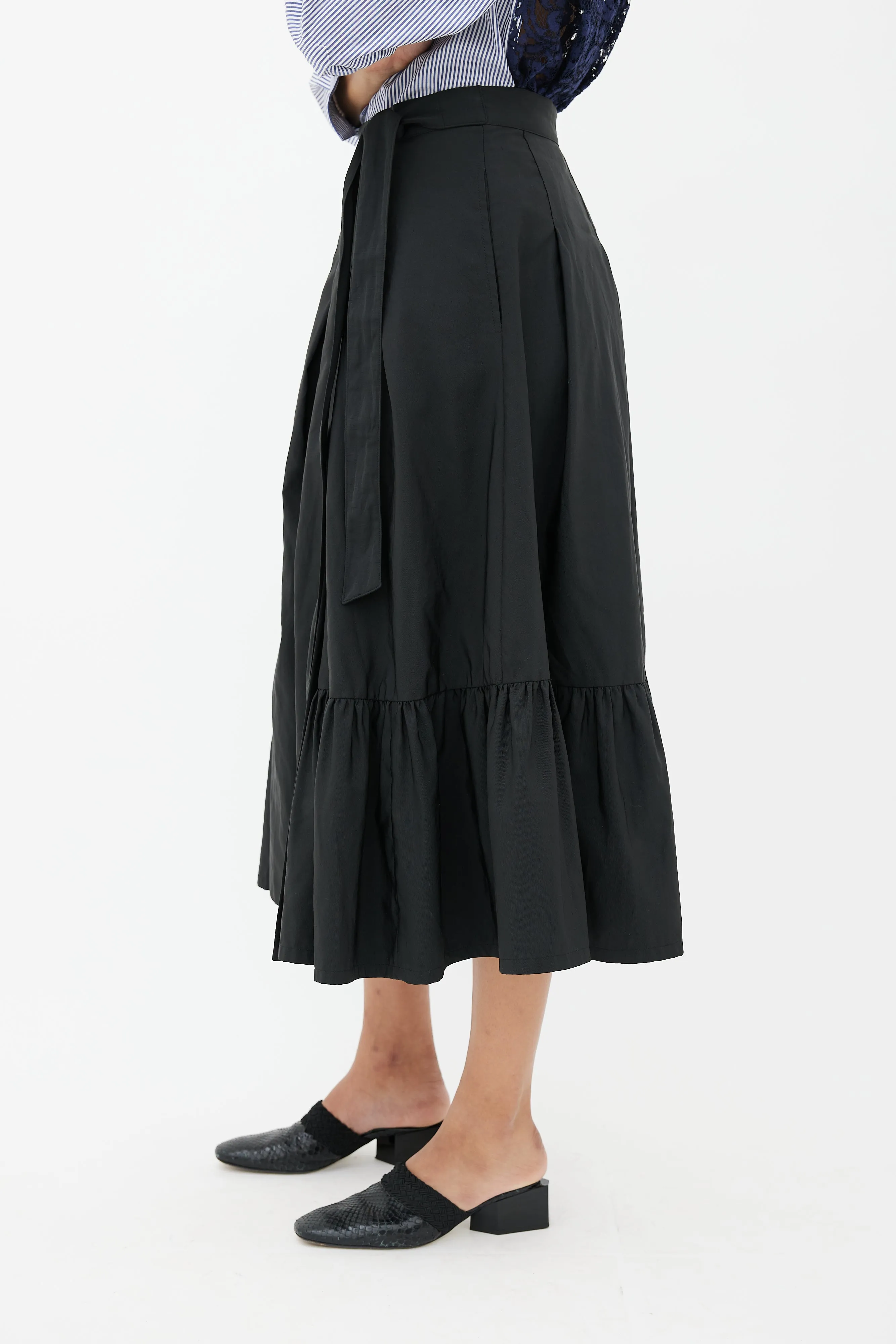 Black Pleated Tie Maxi Skirt