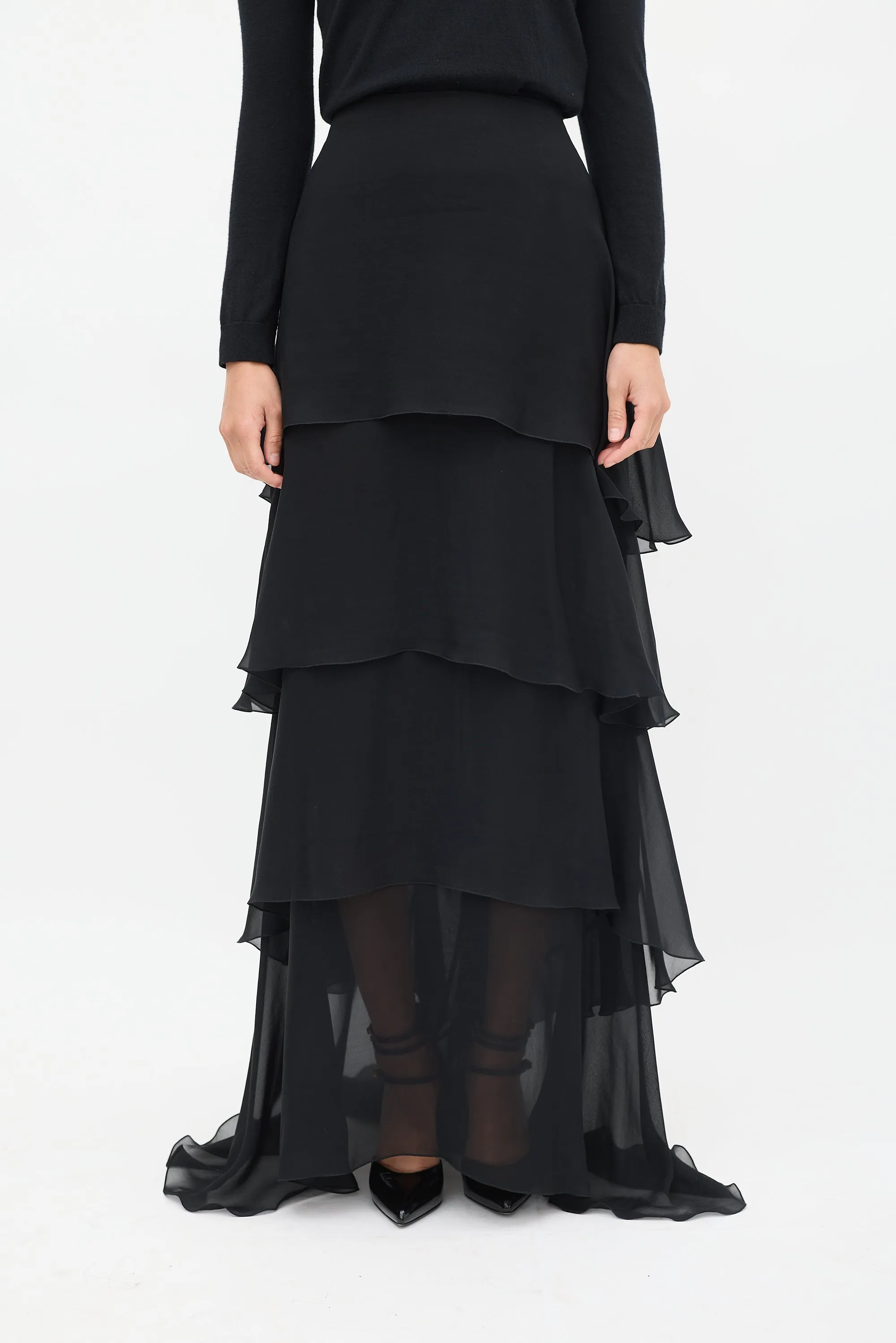 Black Ruffle Tier Maxi Skirt
