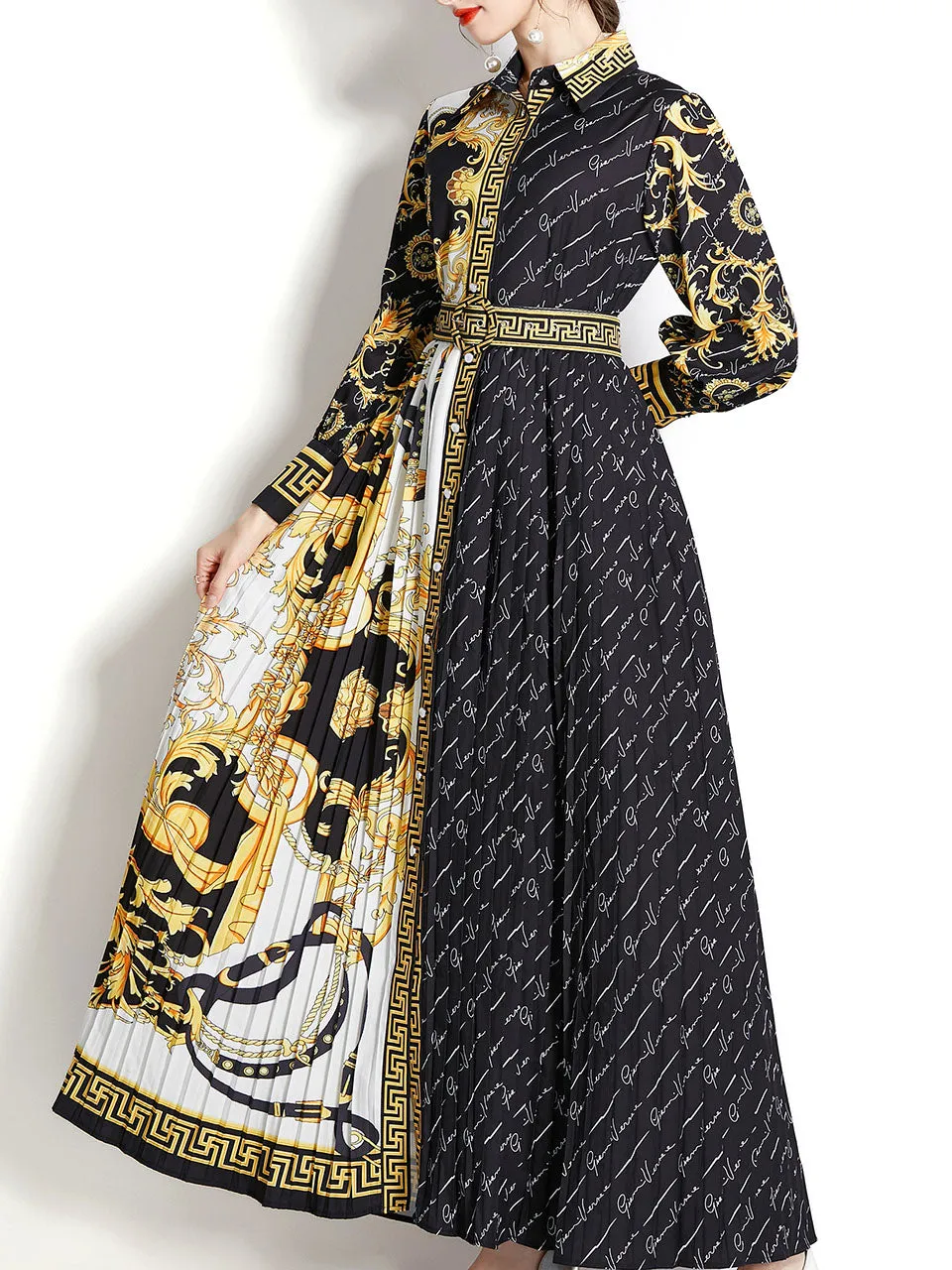 Black Turn Down Print Long Sleeve Bohemian Dress Maxi Dress
