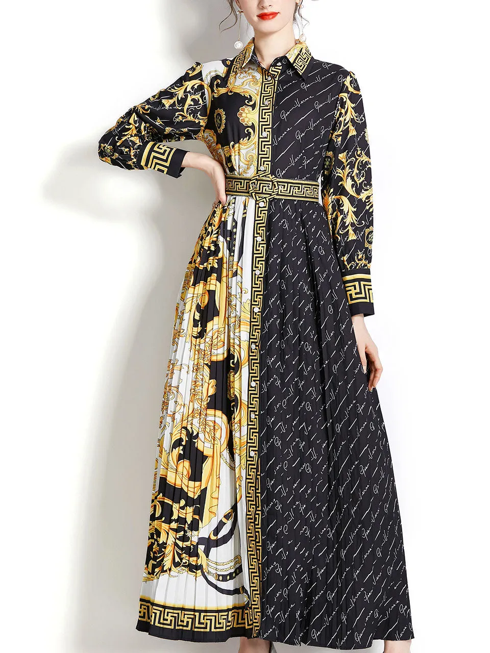Black Turn Down Print Long Sleeve Bohemian Dress Maxi Dress