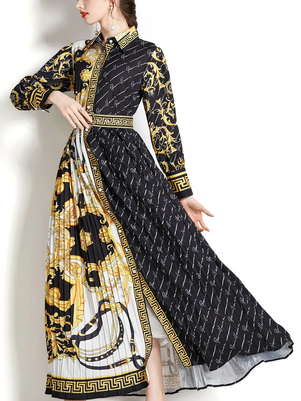 Black Turn Down Print Long Sleeve Bohemian Dress Maxi Dress