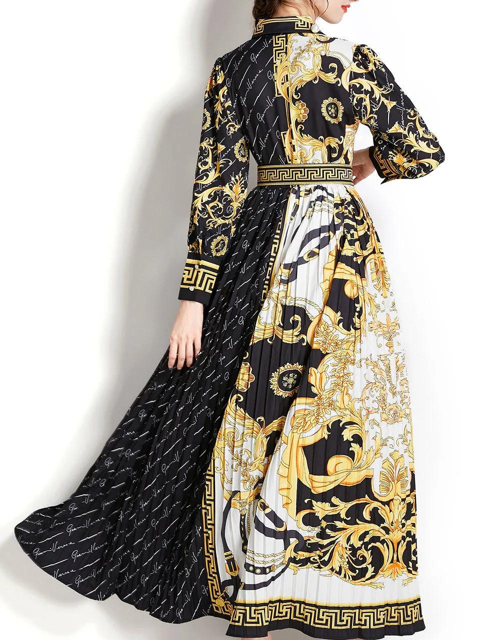 Black Turn Down Print Long Sleeve Bohemian Dress Maxi Dress