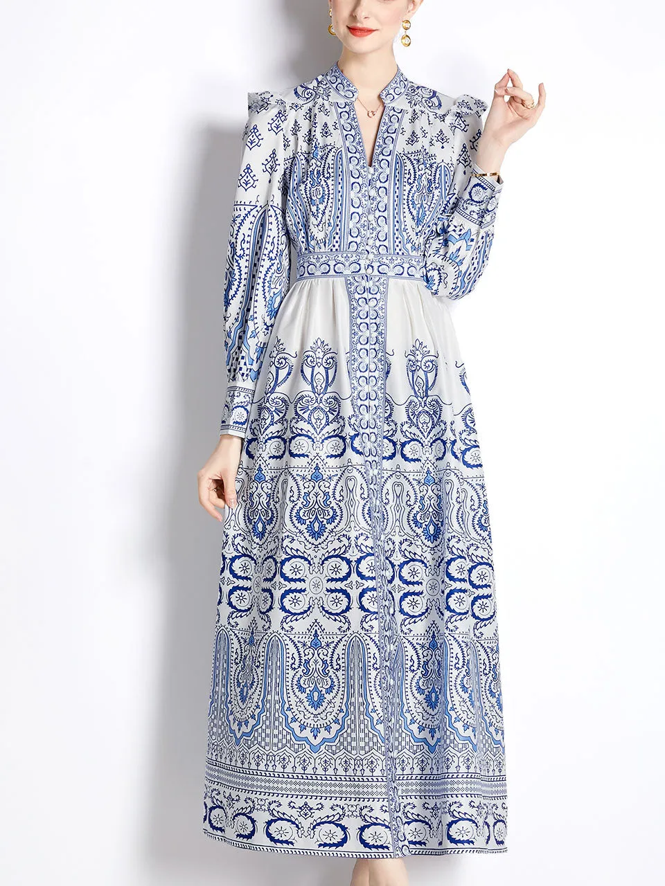 Blue And White Porcelain Print Deep V Neck Ruffles Long Sleeve Maxi Dress For Women