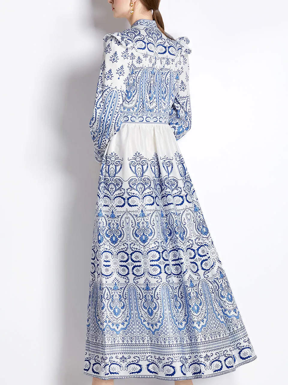 Blue And White Porcelain Print Deep V Neck Ruffles Long Sleeve Maxi Dress For Women