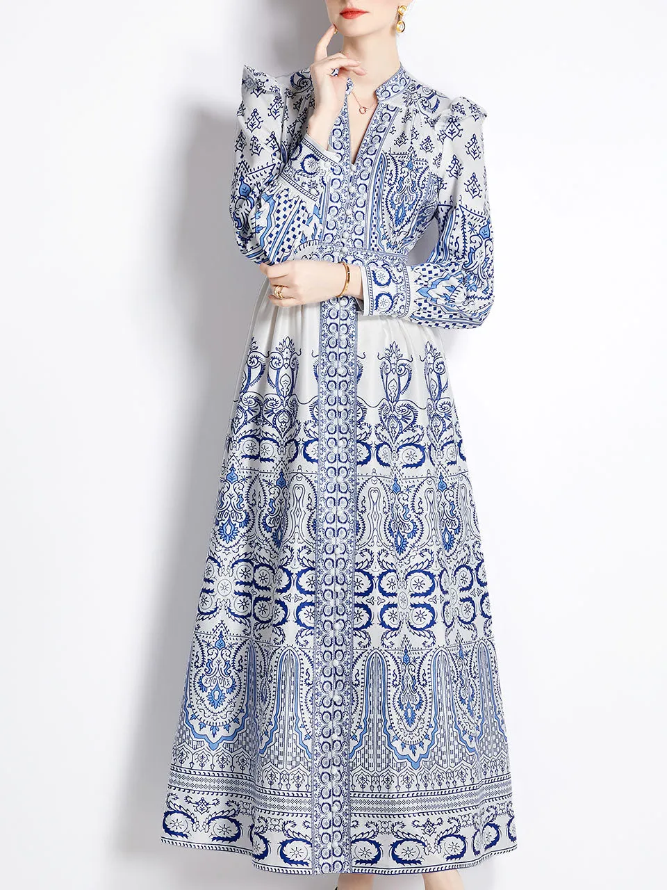 Blue And White Porcelain Print Deep V Neck Ruffles Long Sleeve Maxi Dress For Women