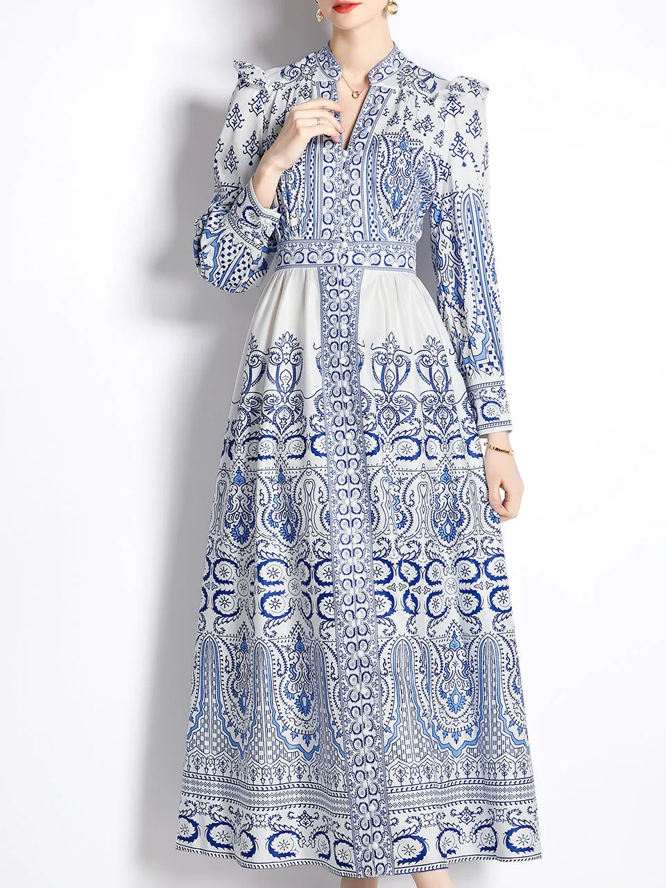 Blue And White Porcelain Print Deep V Neck Ruffles Long Sleeve Maxi Dress For Women