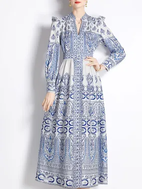 Blue And White Porcelain Print Deep V Neck Ruffles Long Sleeve Maxi Dress For Women