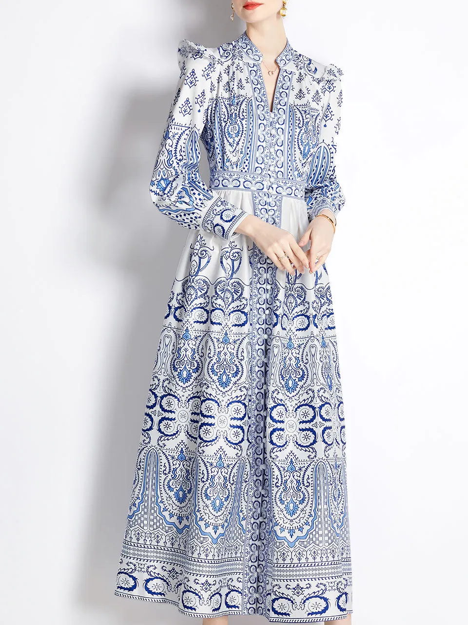 Blue And White Porcelain Print Deep V Neck Ruffles Long Sleeve Maxi Dress For Women