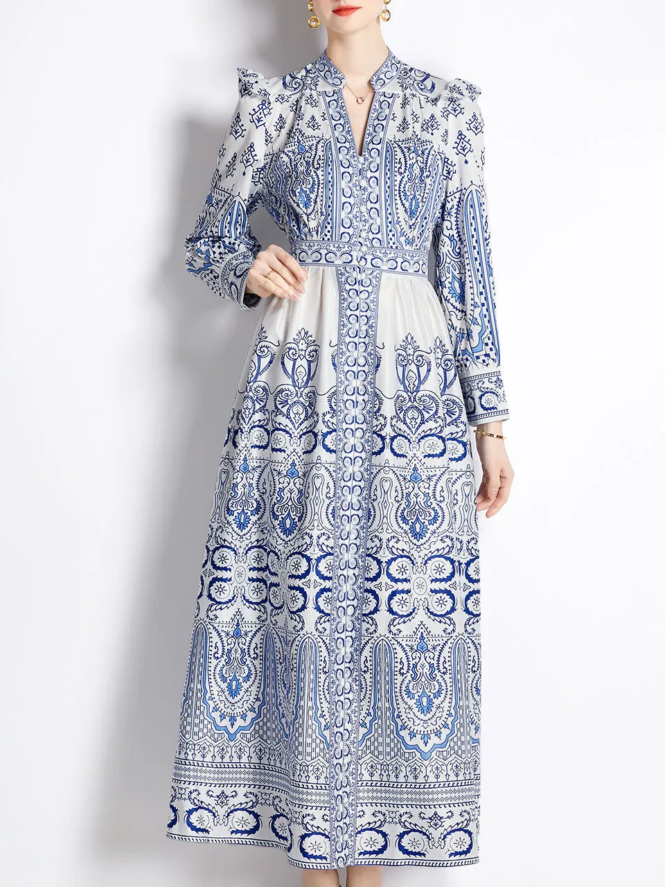 Blue And White Porcelain Print Deep V Neck Ruffles Long Sleeve Maxi Dress For Women