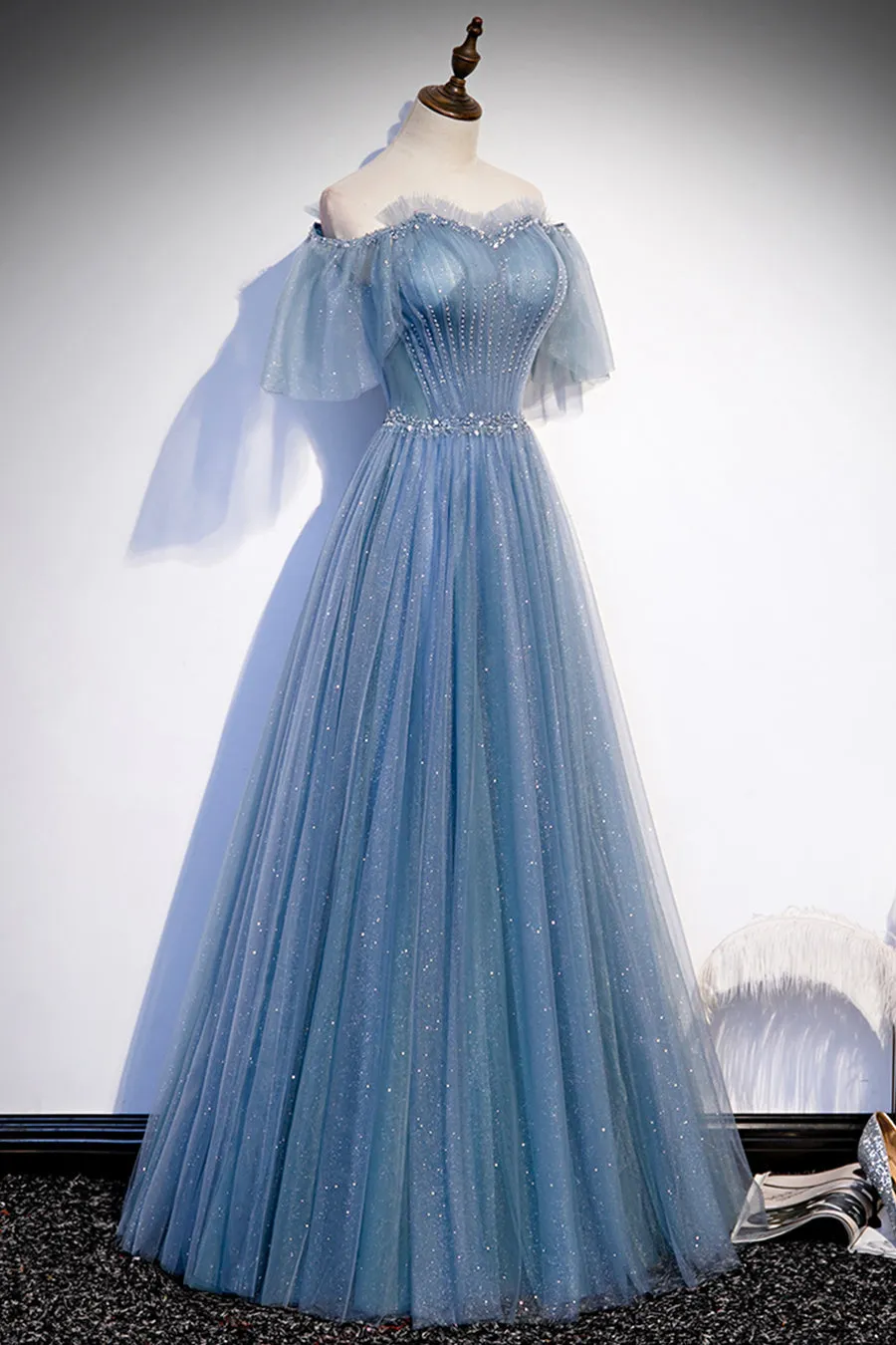 Blue Tulle Beading Long Prom Dresses A-Line Evening Party Dresses Sparkly