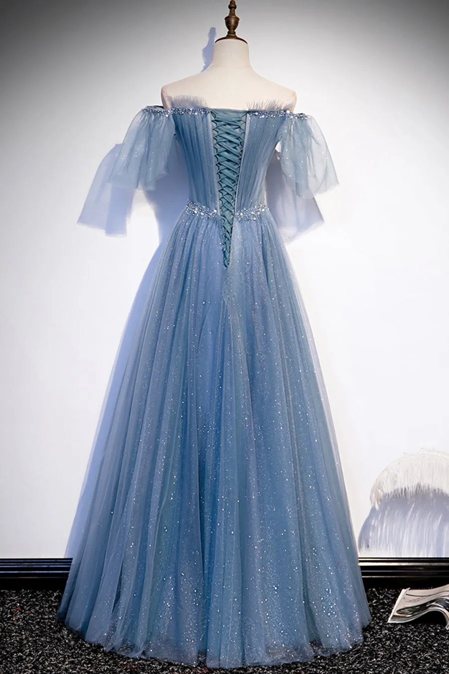 Blue Tulle Beading Long Prom Dresses A-Line Evening Party Dresses Sparkly