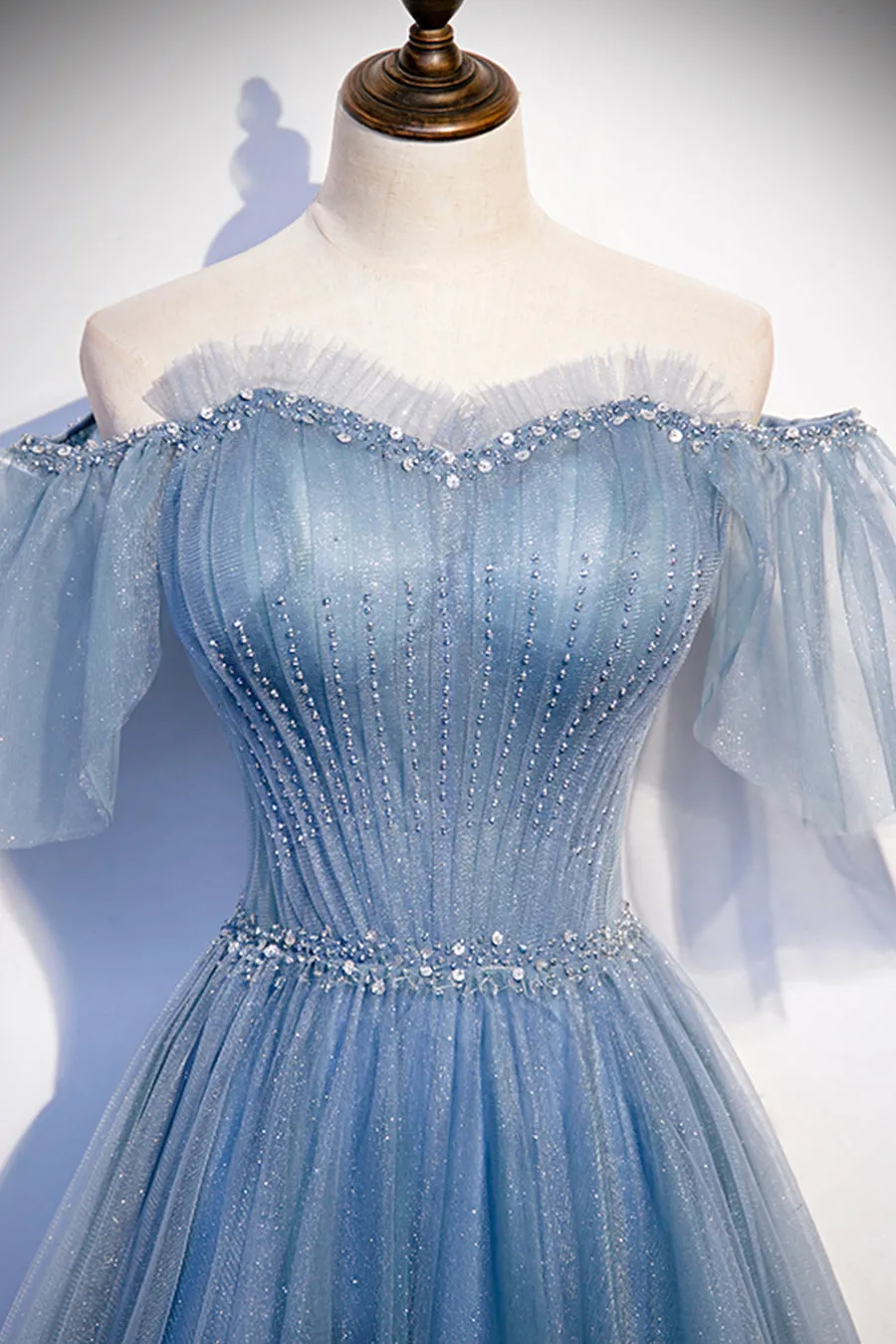Blue Tulle Beading Long Prom Dresses A-Line Evening Party Dresses Sparkly