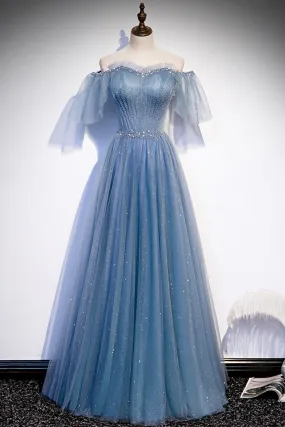Blue Tulle Beading Long Prom Dresses A-Line Evening Party Dresses Sparkly