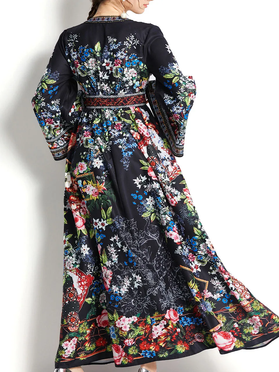 Blue V Neck Trumpet Sleeve Bohemian Dress Maxi Dress