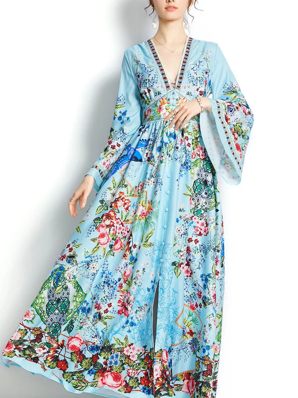 Blue V Neck Trumpet Sleeve Bohemian Dress Maxi Dress