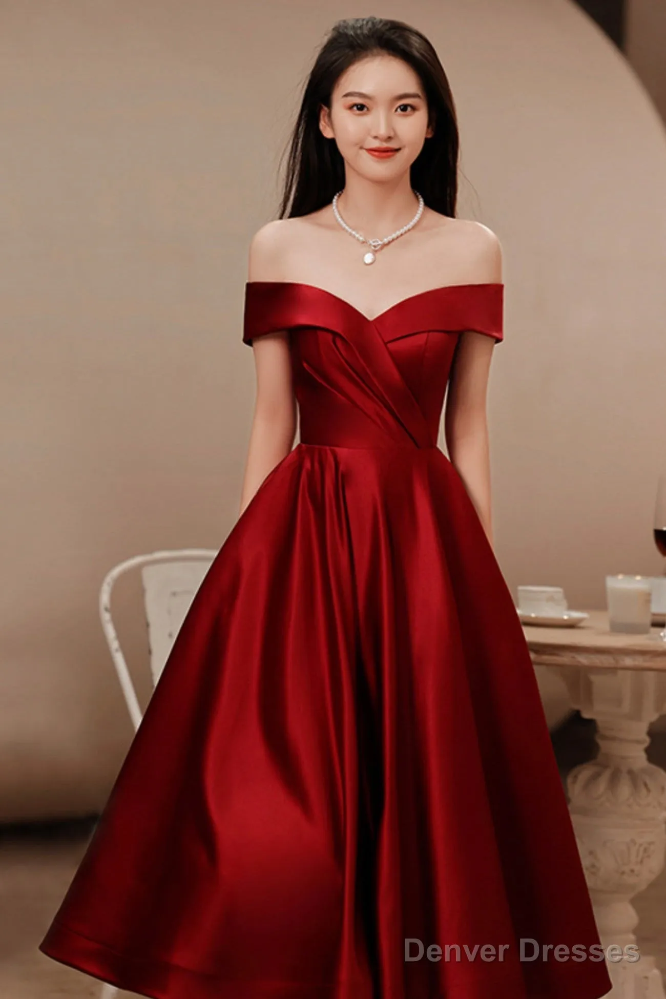 Burgundy Satin Short Prom Dresses, Off The Shoulder Evening Dresses