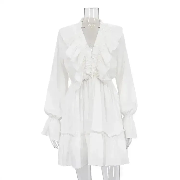 Casual Fashion V Neck Pleated Ruffle Long Sleeve Dress Y2K V Neck Flared Sleeve Short Mini Skater Dress Women's Clothing