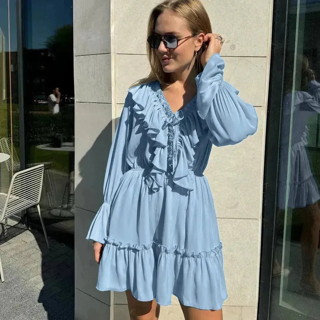 Casual Fashion V Neck Pleated Ruffle Long Sleeve Dress Y2K V Neck Flared Sleeve Short Mini Skater Dress Women's Clothing