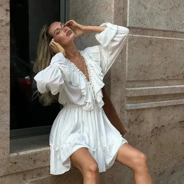 Casual Fashion V Neck Pleated Ruffle Long Sleeve Dress Y2K V Neck Flared Sleeve Short Mini Skater Dress Women's Clothing