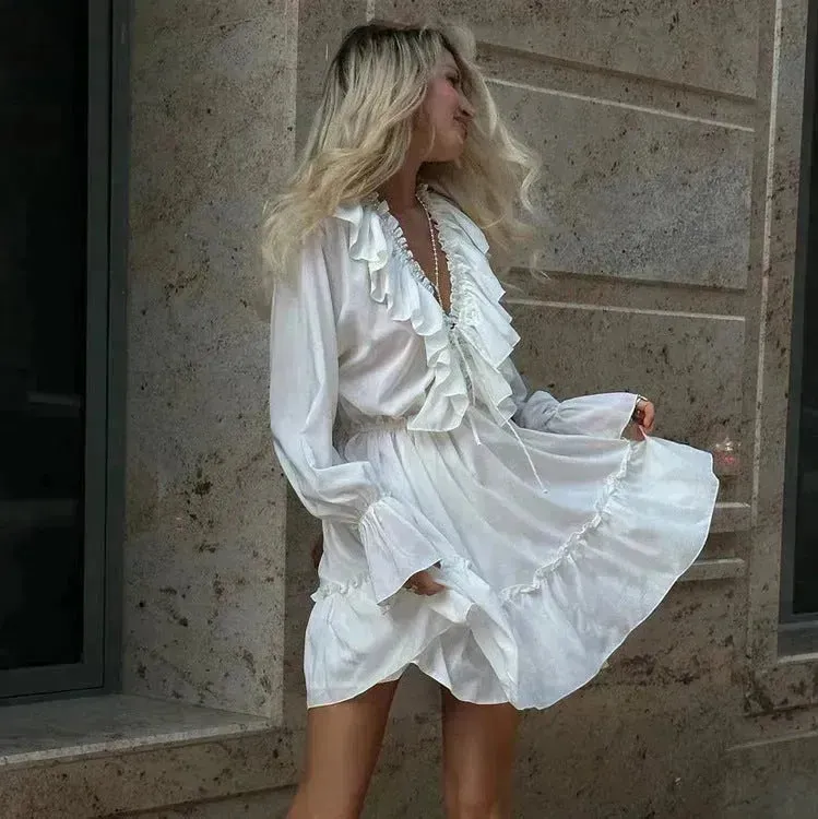 Casual Fashion V Neck Pleated Ruffle Long Sleeve Dress Y2K V Neck Flared Sleeve Short Mini Skater Dress Women's Clothing