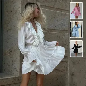 Casual Fashion V Neck Pleated Ruffle Long Sleeve Dress Y2K V Neck Flared Sleeve Short Mini Skater Dress Women's Clothing