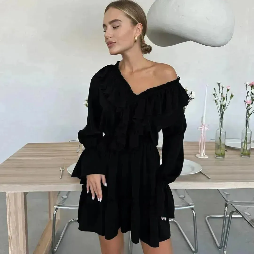 Casual Fashion V Neck Pleated Ruffle Long Sleeve Dress Y2K V Neck Flared Sleeve Short Mini Skater Dress Women's Clothing