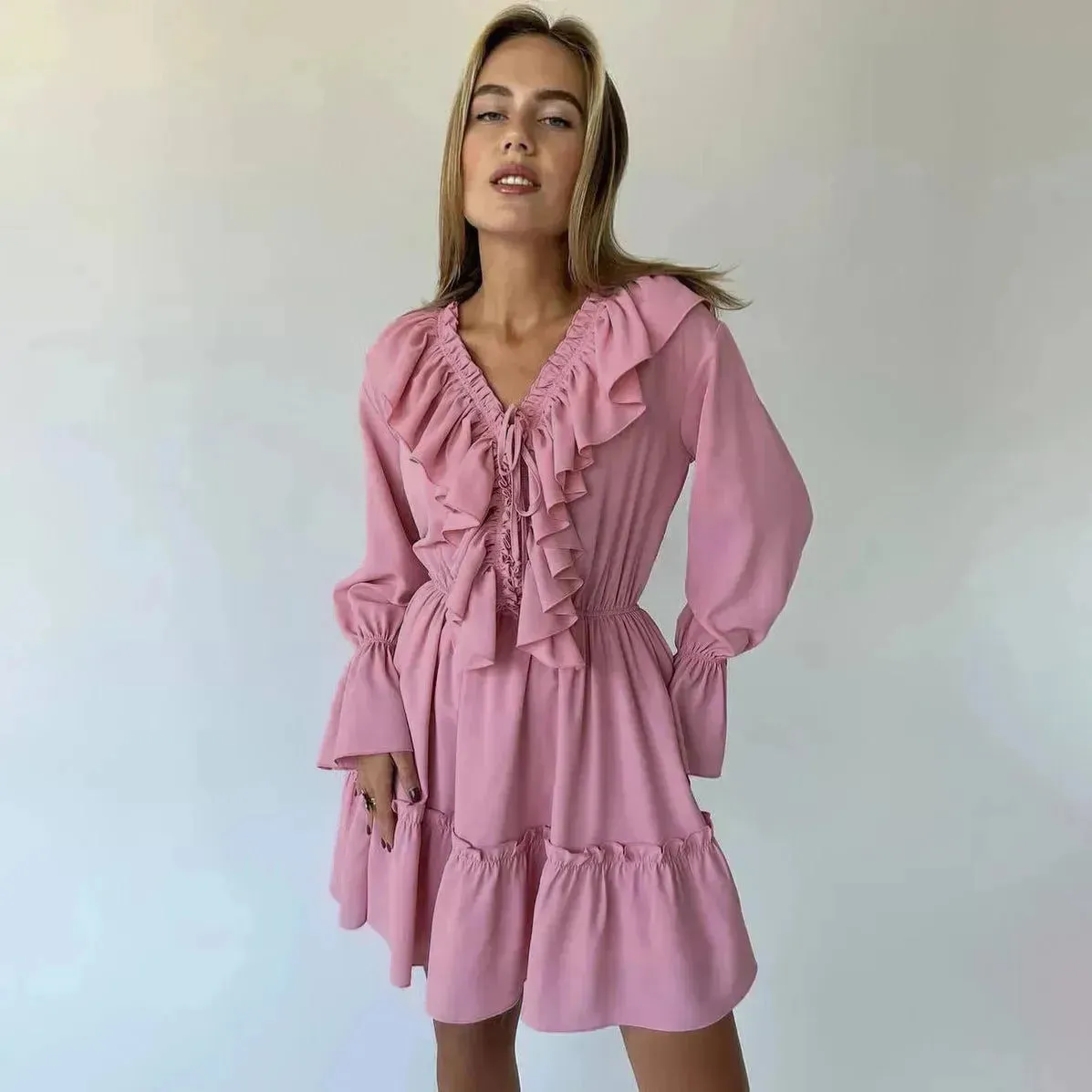 Casual Fashion V Neck Pleated Ruffle Long Sleeve Dress Y2K V Neck Flared Sleeve Short Mini Skater Dress Women's Clothing