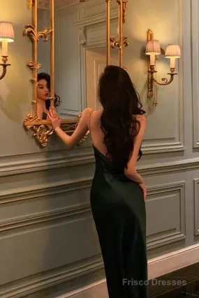 Classy Sheath Spaghetti Straps Dark Green Satin Prom Dresses Birthday Outfits Evening Gown