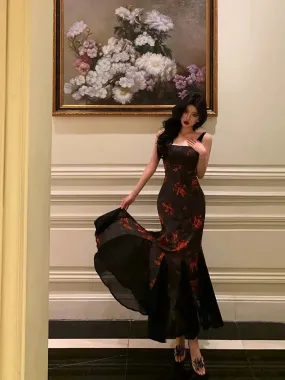 Classy Sheath Straps Black Floral Prom Dresses Birthday Outfits Evening Gown , LTP3619